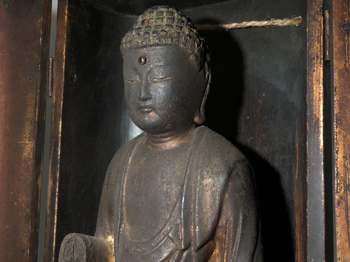 樂】仏教美術 江戸期 木彫 玉眼 阿弥陀如来 立像 仏像 厨子入 時代品