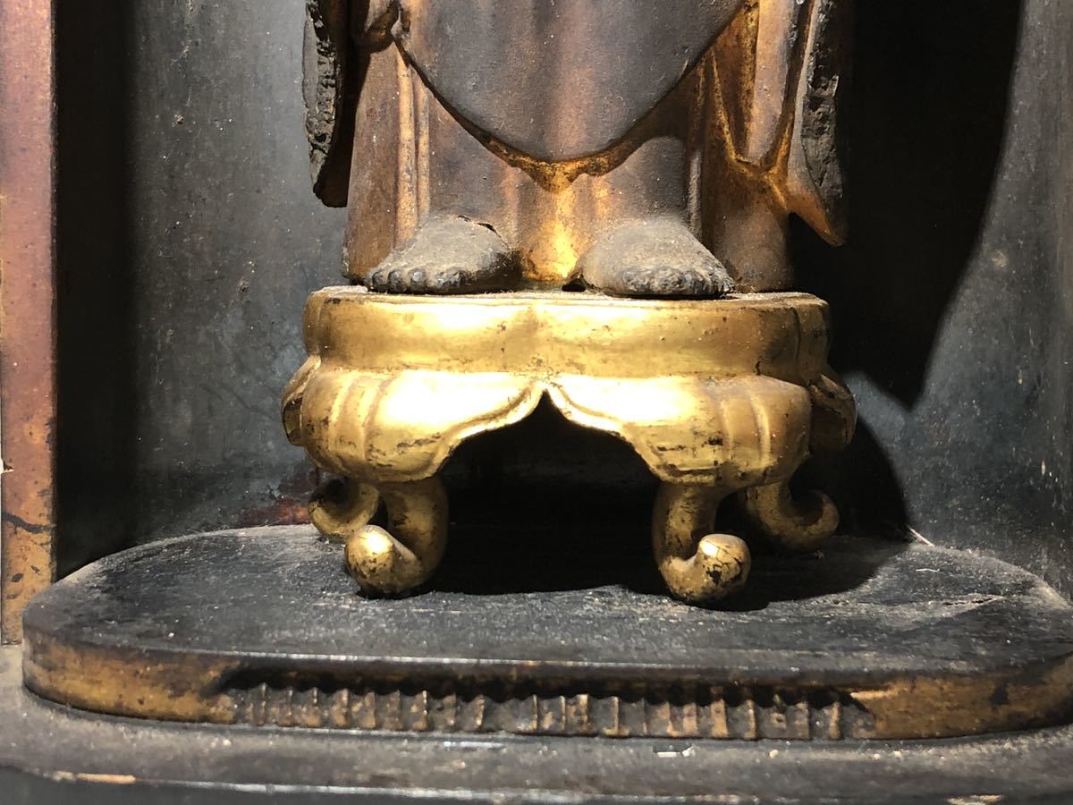 樂】仏教美術 江戸期 木彫 玉眼 阿弥陀如来 立像 仏像 厨子入 時代品