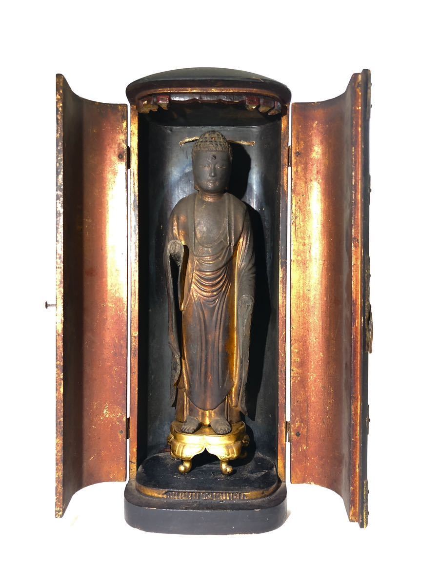 樂】仏教美術 江戸期 木彫 玉眼 阿弥陀如来 立像 仏像 厨子入 時代品