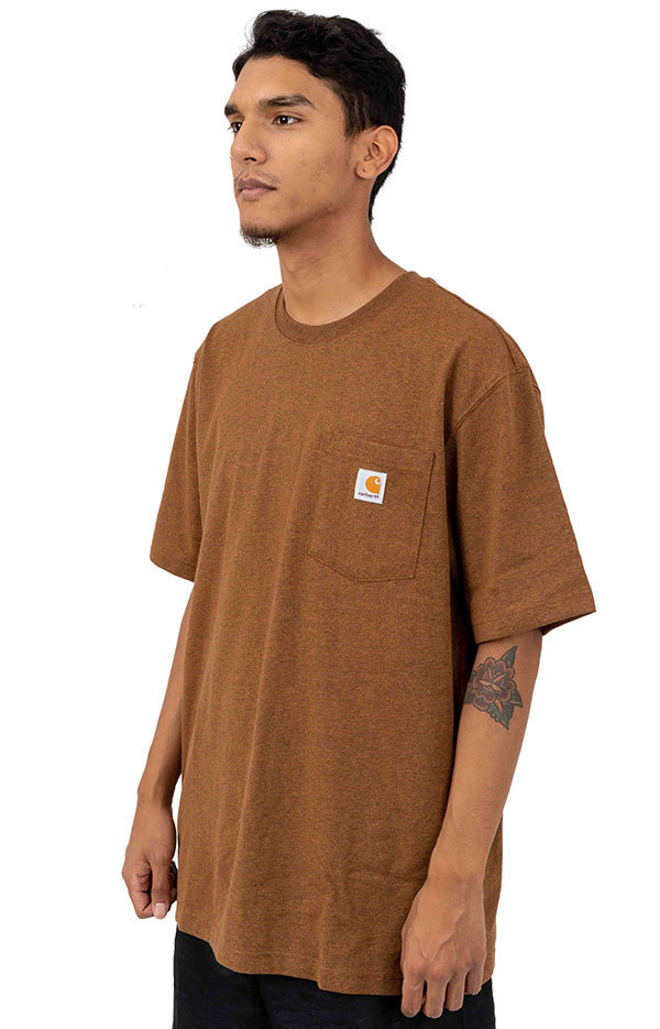 CARHARTT (カーハート) US Tシャツ Workwear Pocket T-Shirt Oiled Walnut Heather Brown ブラウンヘザー (L) ポケット付き (K87)の画像2