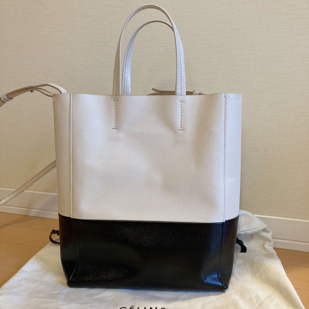 良品 セリーヌ CELINE バーティカルカバ スモール 2WAY ショルダーバッグ トートバッグ ホワイトxブラック レザー