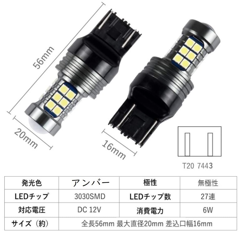 T20 ダブル球 7443 27連 アンバー 超爆光 車検対応 拡散レンズ付き_画像2