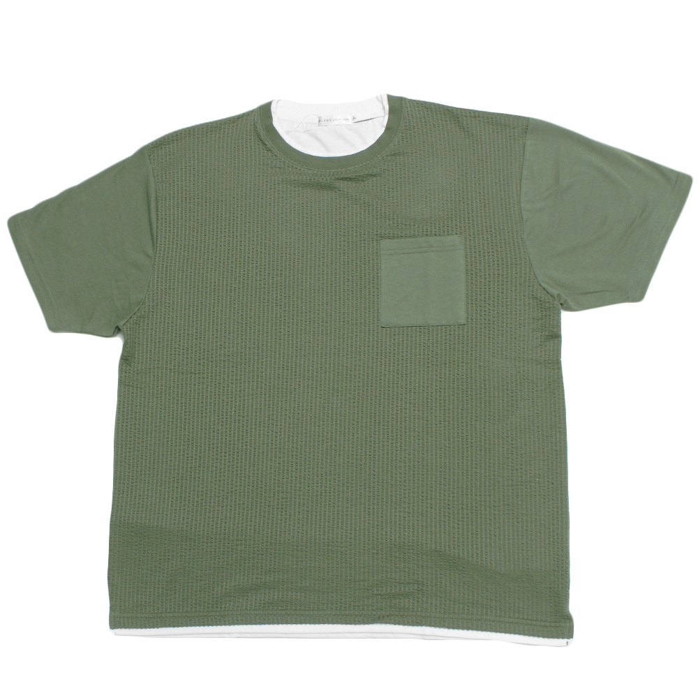 【新品】 4L グリーン 半袖 Tシャツ メンズ 大きいサイズ シアサッカー ポケット ストレッチ 無地 クルーネック カットソー_画像3