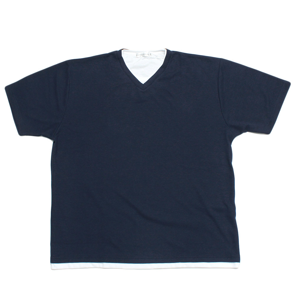 【新品】 5L ネイビー 半袖 Tシャツ メンズ 大きいサイズ Vネック ワッフル 無地 フェイクレイヤード クルーネック カットソー_画像3