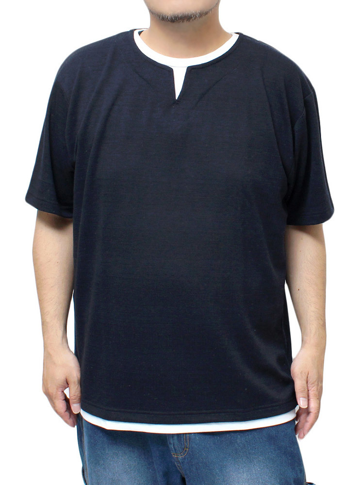 【新品】 5L ネイビー 半袖 Tシャツ メンズ 大きいサイズ ジオメトリー 幾何学柄 キーネック フェイクレイヤード カットソー_画像1