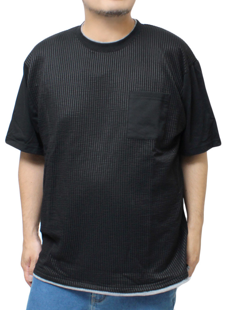 【新品】 5L ブラック 半袖 Tシャツ メンズ 大きいサイズ シアサッカー ポケット ストレッチ 無地 クルーネック カットソー_画像1