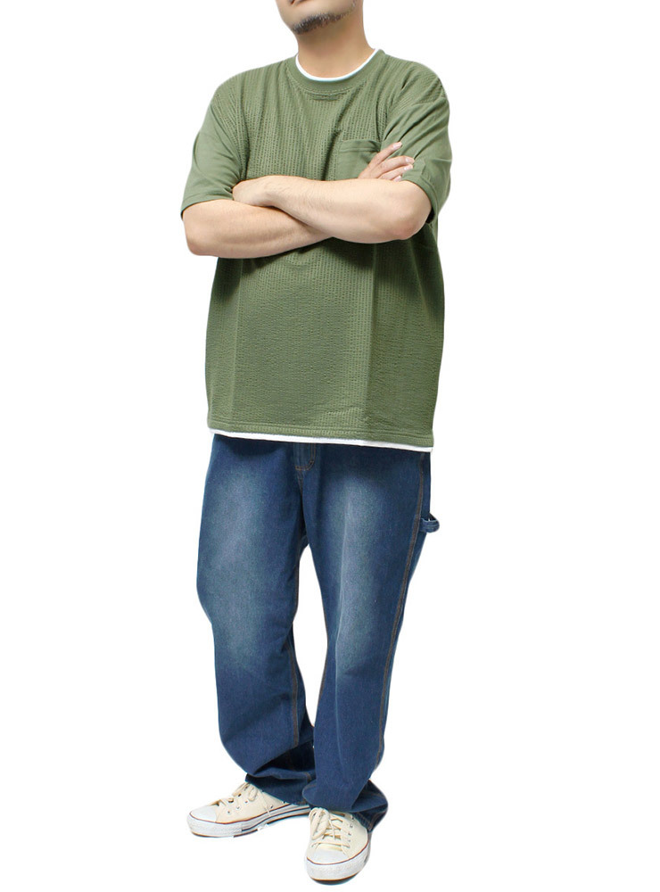 【新品】 6L グリーン 半袖 Tシャツ メンズ 大きいサイズ シアサッカー ポケット ストレッチ 無地 クルーネック カットソー_画像2