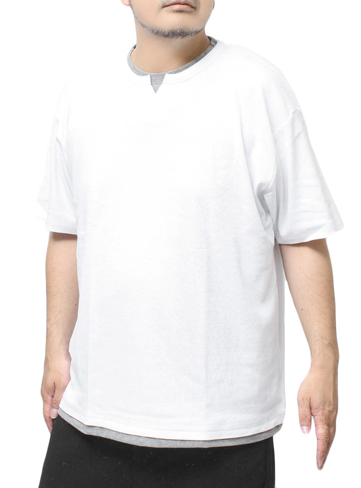 【新品】 3L ホワイト 半袖 Tシャツ メンズ 大きいサイズ キーネック テレコ 無地 フェイクレイヤード クルーネック カットソー_画像1