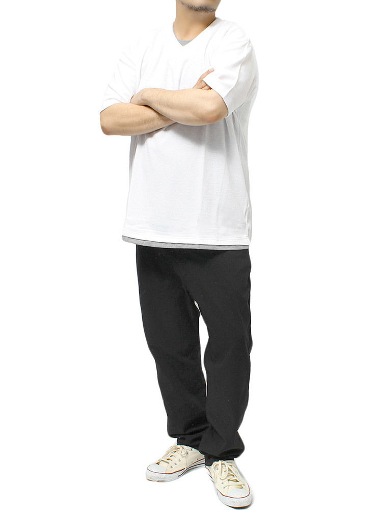 【新品】 4L ホワイト 半袖 Tシャツ メンズ 大きいサイズ Vネック ワッフル 無地 フェイクレイヤード クルーネック カットソー_画像2
