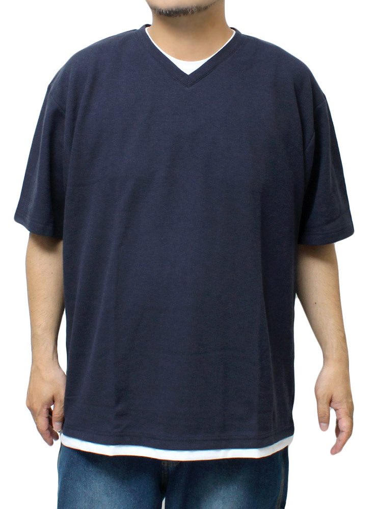 【新品】 5L ネイビー 半袖 Tシャツ メンズ 大きいサイズ Vネック ワッフル 無地 フェイクレイヤード クルーネック カットソー_画像1