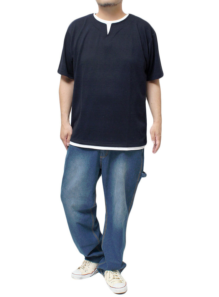 【新品】 3L ネイビー 半袖 Tシャツ メンズ 大きいサイズ ジオメトリー 幾何学柄 キーネック フェイクレイヤード カットソー_画像2