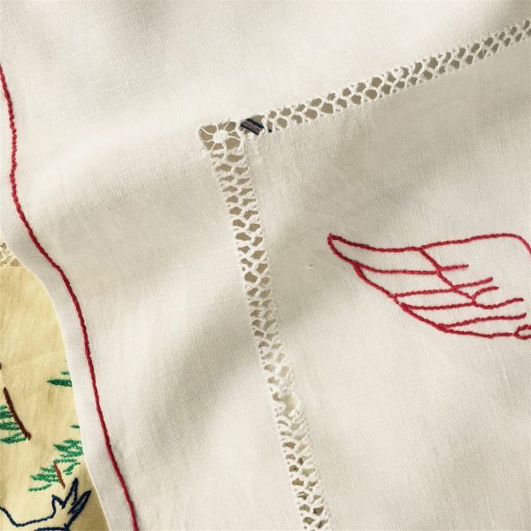 85x52cm フランスアンティーク リネン 幸福の鳩とおとぎ話的テーブルセンター カーテン 手刺繍手縫 刺繍 ヴィンテージ レース ハンドメイドの画像4