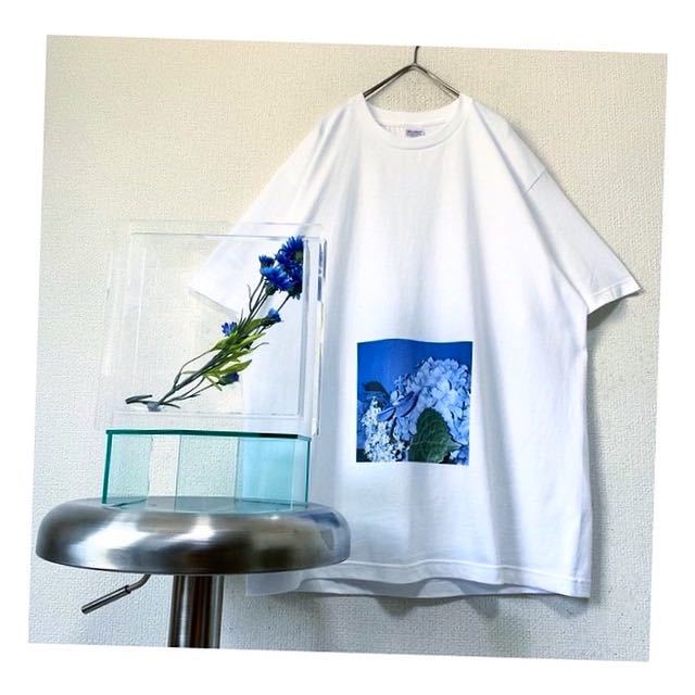 protocolオリジナル 紫陽花 アジサイ 花柄 プリント 白 ホワイト ブルー 青 XL オーバーサイズ ビッグシルエット 半袖 tシャツ