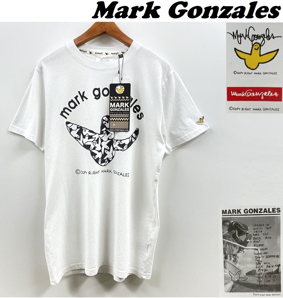 未使用品 /M/ Mark Gonzales ホワイト 半袖Tシャツ アウトドア スケボー タグ プリント 黒ロゴ メンズ レディース ゴンズ マークゴンザレスの画像1