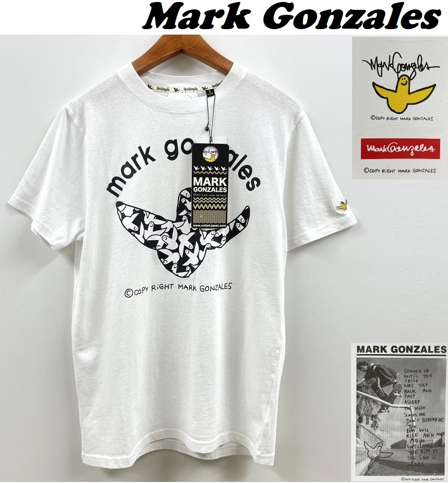 未使用品 /S/ Mark Gonzales ホワイト 半袖Tシャツ アウトドア スケボー タグ プリント 黒ロゴ メンズ レディース ゴンズ マークゴンザレスの画像1