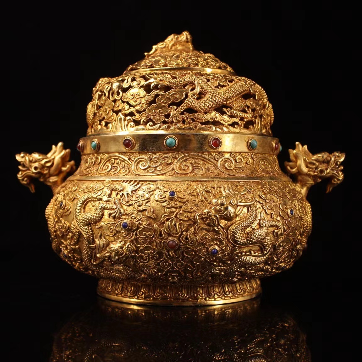 清・古銅彫・流金・龍紋浮彫・硯臺』極細工・骨董品・古賞物・中国古玩