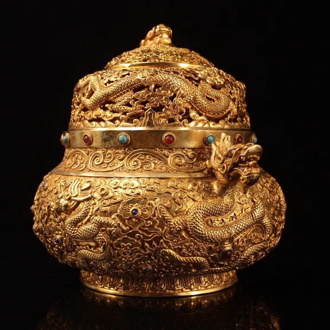 清 古銅彫 流金 龍紋浮彫 細工香炉 宝石嵌 置物』極細工 骨董品 清 古銅彫 流金 龍紋浮彫 細工香炉 宝石嵌 置物』極細工 骨董品