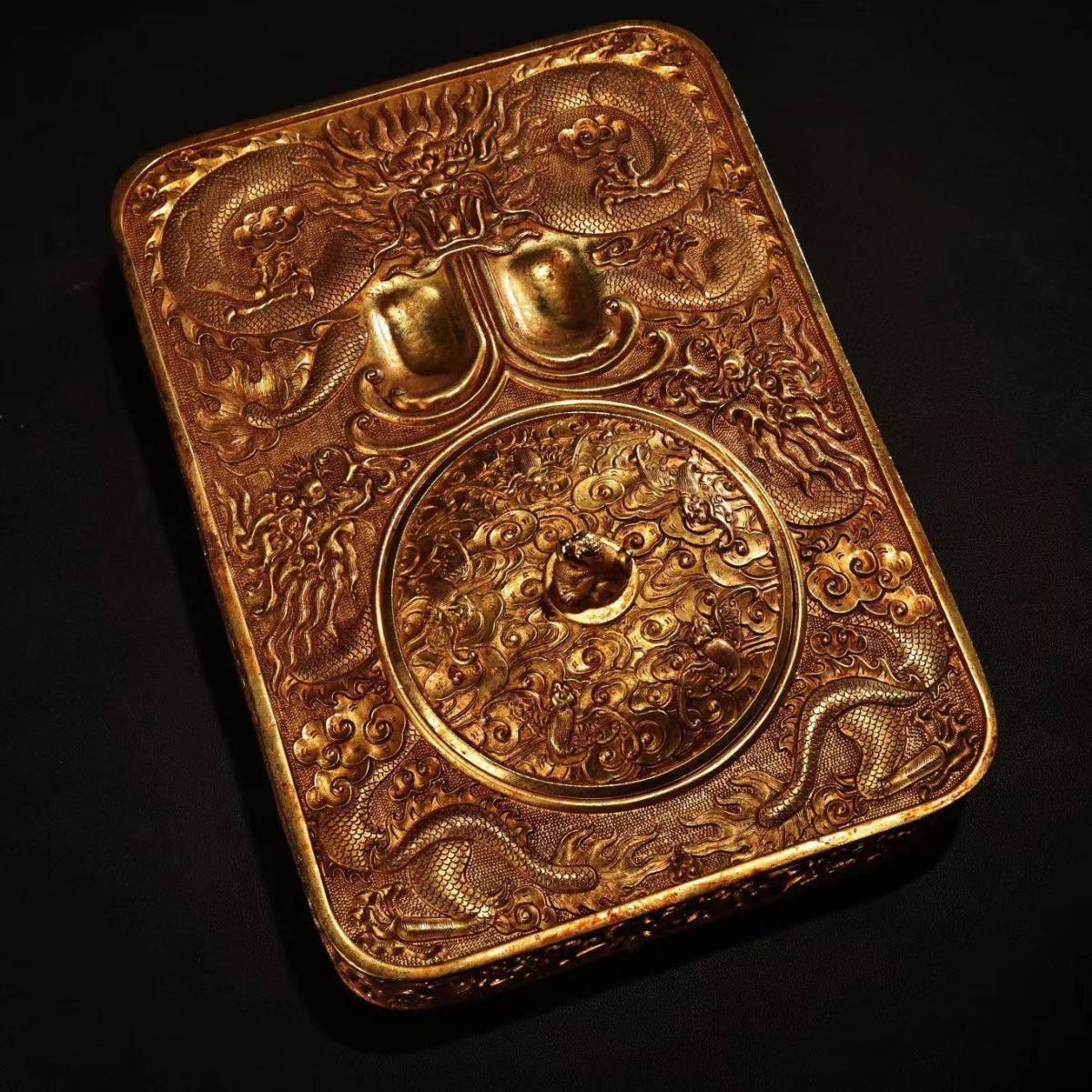清・古銅彫・流金・龍紋浮彫・硯臺』極細工・骨董品・古賞物・中国古玩
