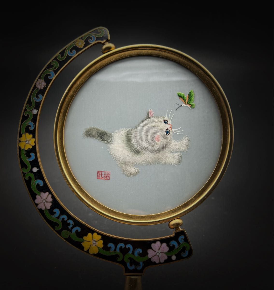 中國美術 七宝焼  景泰 猫 蝶々 蘇 雙面 置物