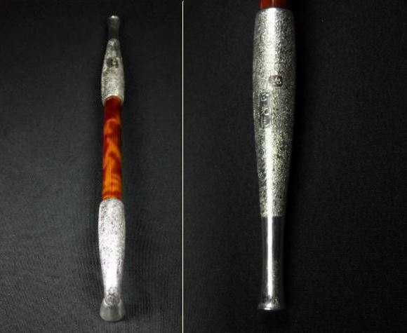 □時代物美品の純銀製煙管 細密鏨たがね打ち文様純. 正光作刻印