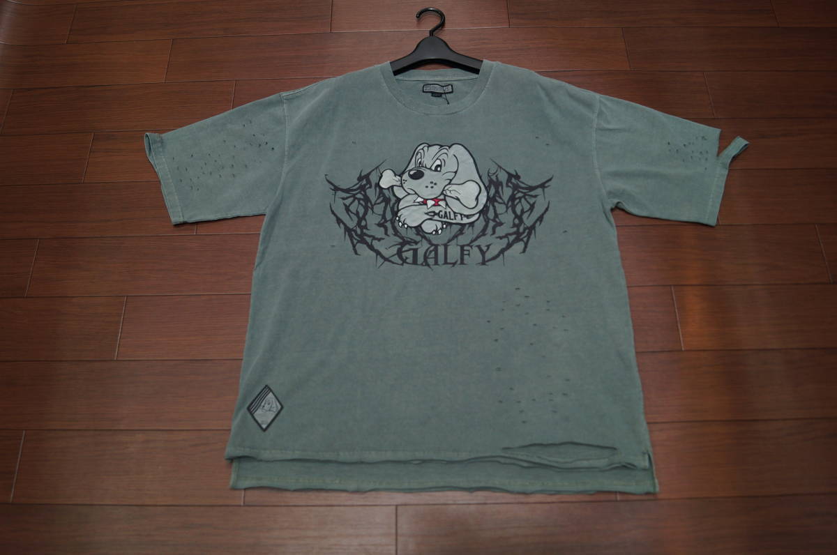 ★☆【GALFY】ガルフィー/ダメージTシャツ/半袖/サイズ-XL 大型犬/グレージュ/ストリート ヒップホップ ダンス ラップ ビッグサイズ☆★