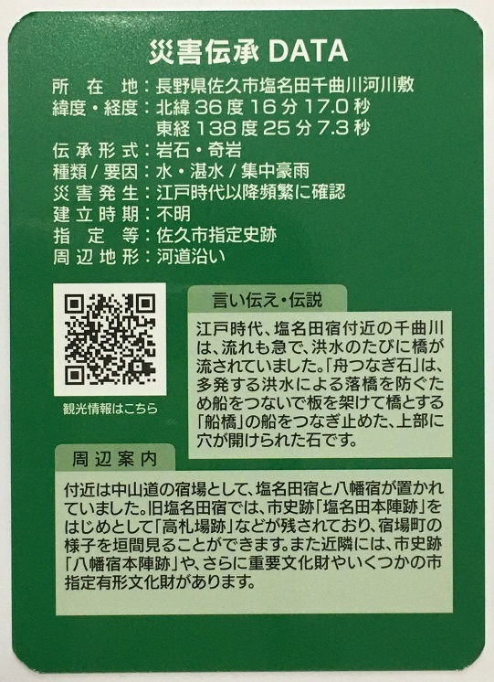 災害伝承カード　第三弾　千曲川　舟つなぎ石　【長野県佐久市】　　　　　　　　　　　　　　　　　　　検　ダムカード　マンホールカード_画像2