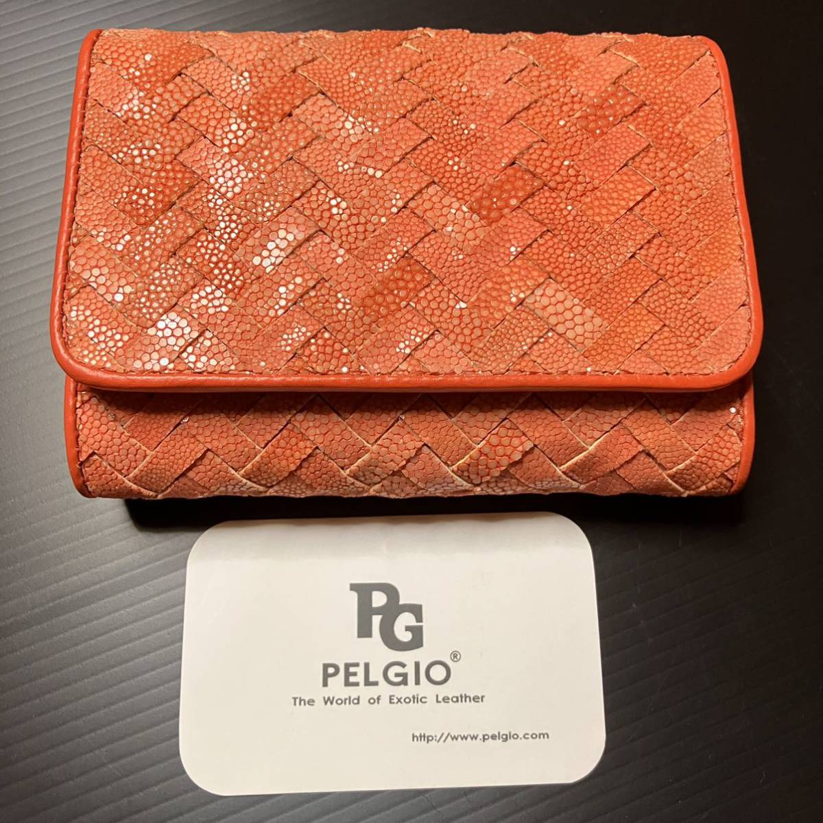 [s880] unused Pelgioei leather x cow leather stay n gray orange three folding purse ga Roo car 