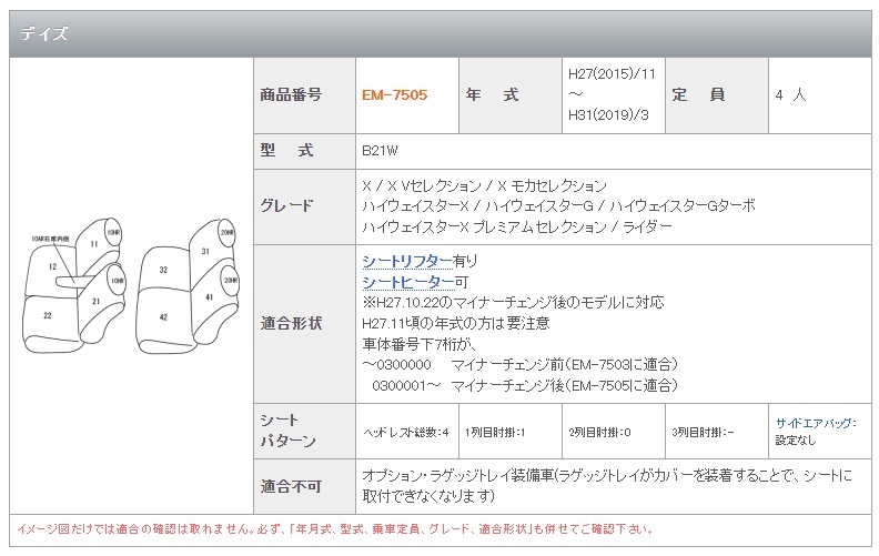 ■3124■BrosClazzio　レザーシートカバー 　デイズ　H27/11～H31/3　 EM-7505_画像5