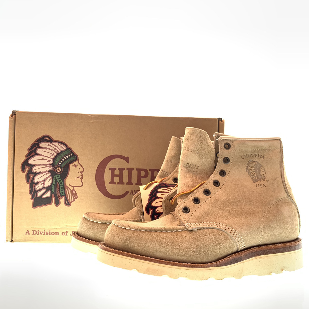 ●CHIPPEWA チペワ ワークブーツ モックトゥ Vibram ソール 白タグ 革靴 スウェード Light Browｎ ライト ブラウン 茶色 US6E 29492 104