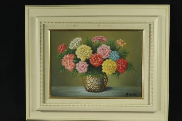 【f.saito】「花と花瓶」 油彩4号 額装 ★-A-868_画像1