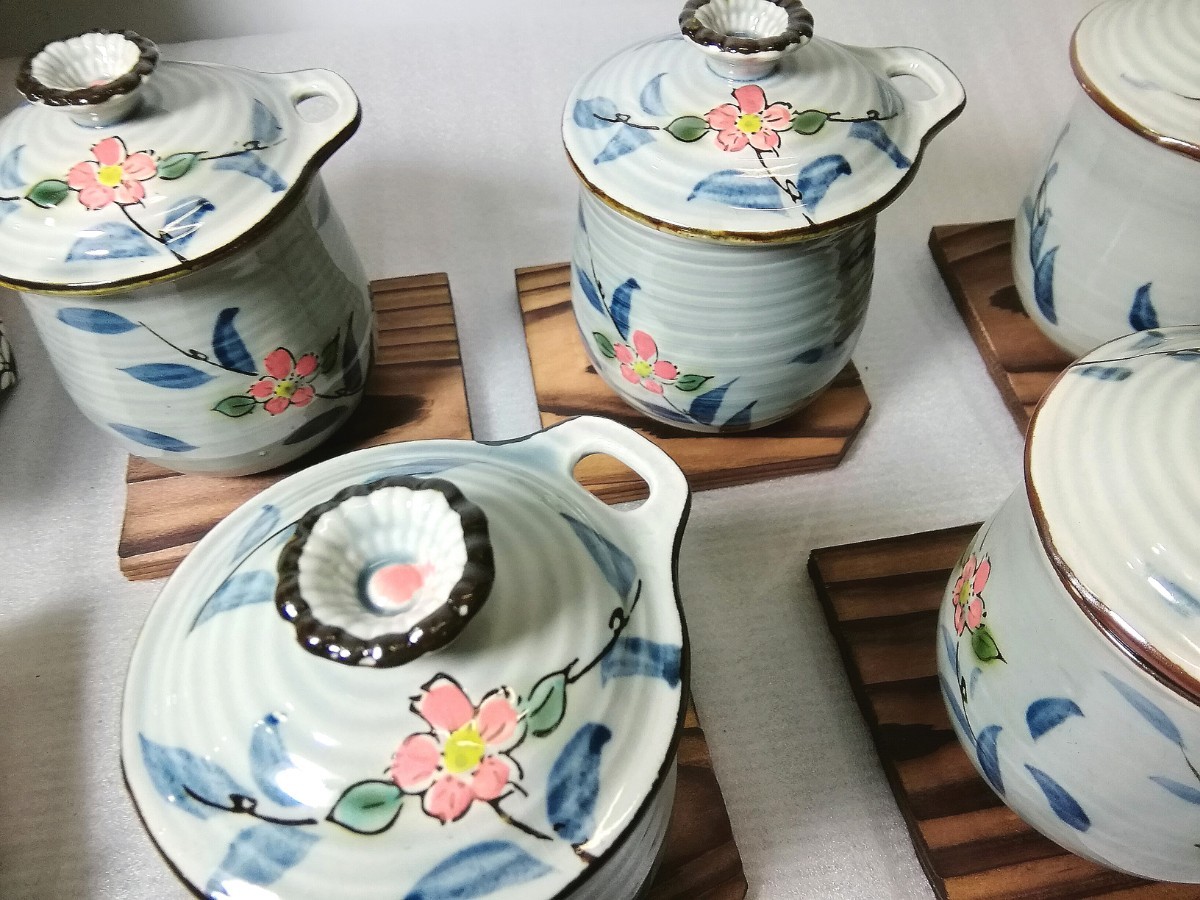 まるほんとーき 　雅峰　蒸し椀 　5客揃　スプーン/木製茶托付き　花模様 茶器 和風　【未使用】長期保管品_画像3