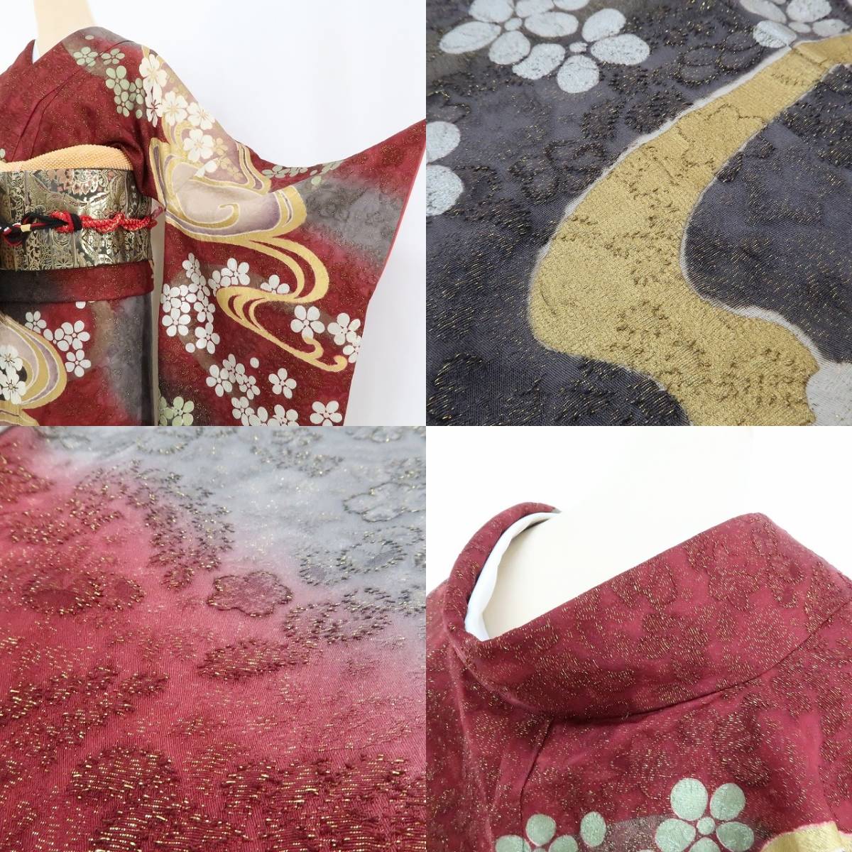 ゆめsaku2 美品 3点セット 金駒刺繍 金通し 着物 成人式 正絹“輝きで魅せる沸き立つ美しさ”振袖・帯揚げ・帯締め 1877