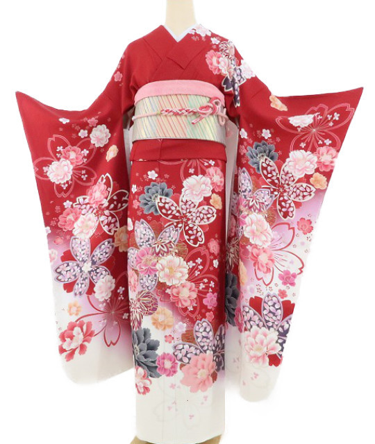 yu.saku2 beautiful goods 3 point set gold piece embroidery kimono coming-of-age ceremony silk * clear weather . crab brilliant . blooming do flower road ... Sakura .. woman ~ long-sleeved kimono * obi age * obi shime 1875