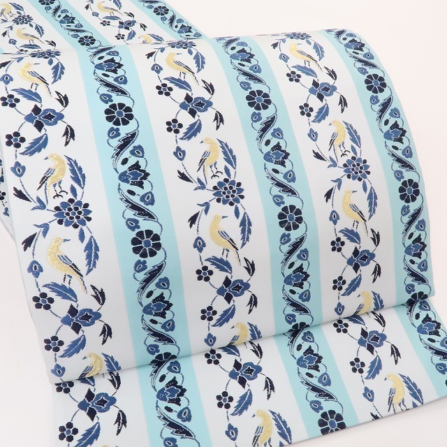 ゆめsaku2 新品 山口美術織物謹製 本藍染め 御御帯“爽やかな縞に花鳥を乗せてぐっと近づく御御帯”袋帯 1833_画像10