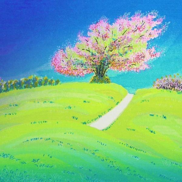 真作】【WISH】牧野宗則「花の小道」木版画 約6号 1994年作 直筆サイン