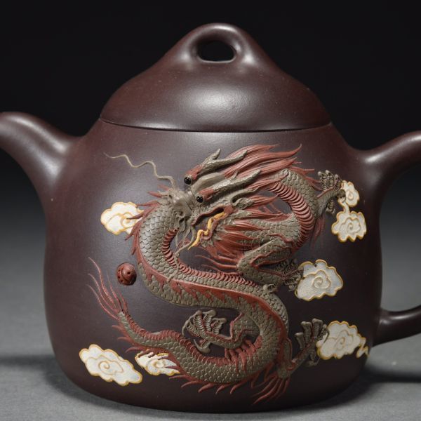 爆買いHOT ヤフオク! - 紫砂彫 堆疊龍戲珠茶壺 在銘 清時代 中国