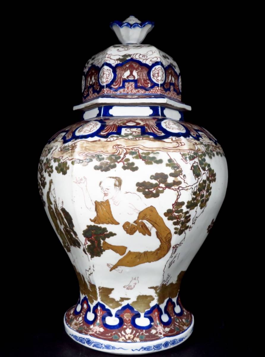 時代【古伊万里染錦金彩色絵松竹賢人図六角沈香壷】花瓶飾壺細密絵付