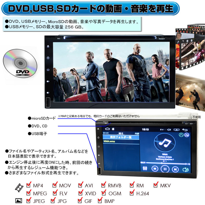車載 カーナビ　2DIN7インチCPRM対応 Android DVDプレイヤー+4×4フルセグチューナー+バックカメラセット　「D344C」_画像2