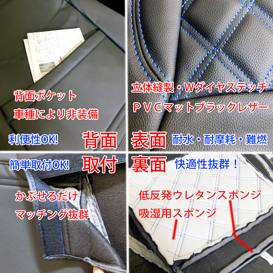 ジェネレーションキャンター ワイドキャブ (H14.1-H22.11)トラック シートカバー 前席セット＋ハンドルカバー 4色ステッチ 商用車 S0518ML_画像6