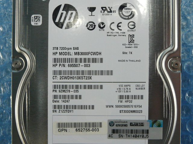 1GQX // HP MB3000FCWDH 3TB 3.5インチ SAS 7.2K(7200)rpm 6Gb ST3000NM0023 (652755-003) // HP StoreVirtual 4530 取外 // 在庫9[13]_画像2