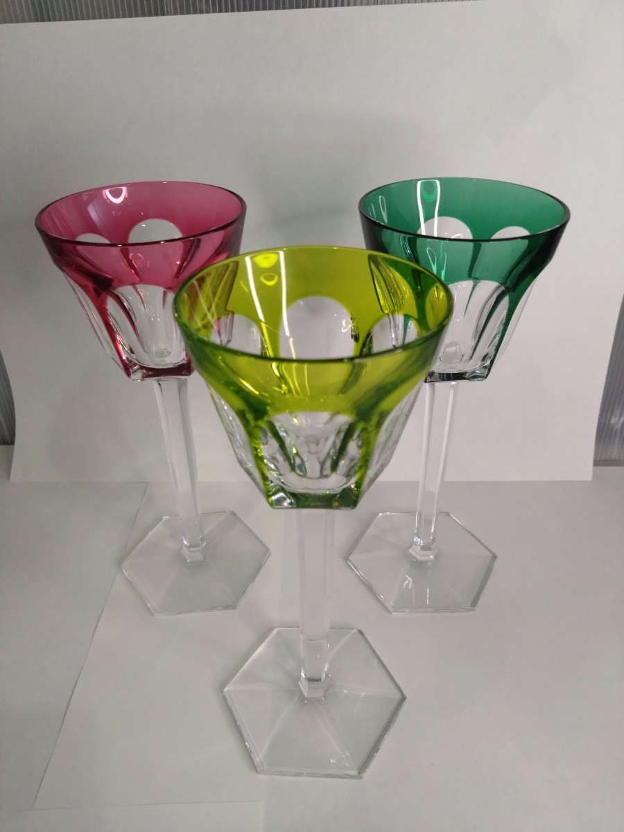 【Baccarat】バカラ■アルクール　ラインワイングラス　3脚セット◆モスグリーン　ピンク　ダークグリーン　　　GPN-2023061503_画像1