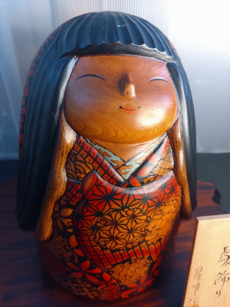 創作こけし】加藤龍雄□髪飾り 高さ×約24cm◇台座 木札付き 伝統こけし