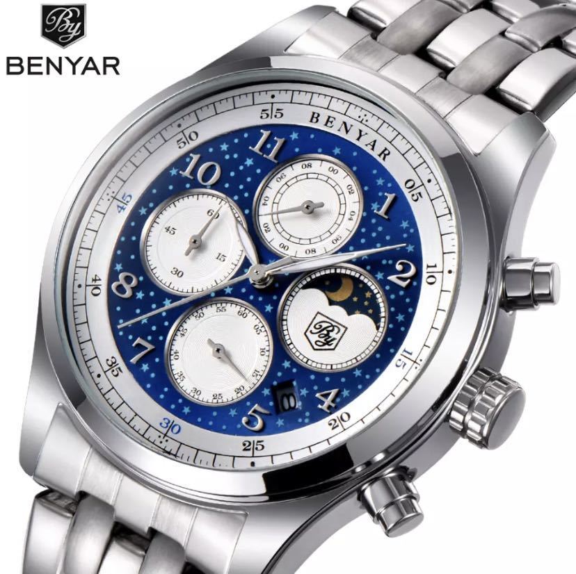 新品◇BENYAR メンズ クォーツ腕時計 ビジネス クロノグラフ ハイブランド ステンレス ムーンフェイズ_画像3