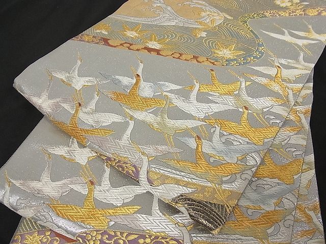 着物屋こころ□六通柄袋帯唐織流水翔鳥鶴文本金箔正絹逸品A-tn2008