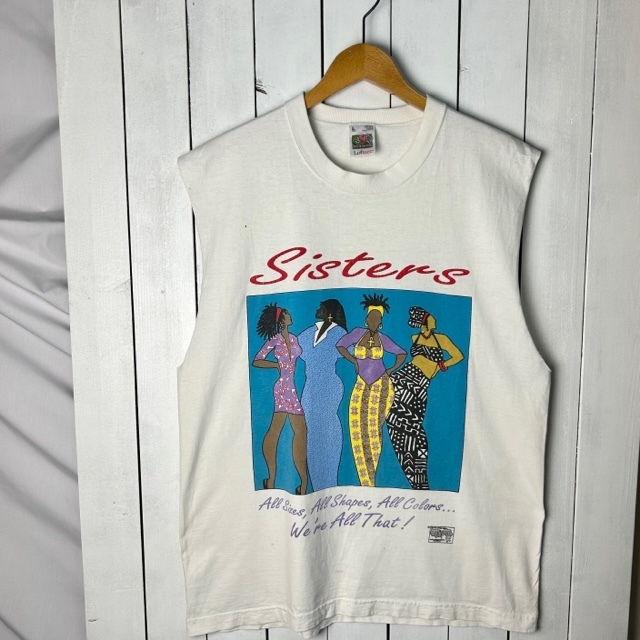 T●292 USA古着 90s USA製 カットオフ グッドイラストＴシャツ L 白 オールド ヴィンテージ アメリカ古着 FRONTLINE GEAR 80s Sisters_画像2