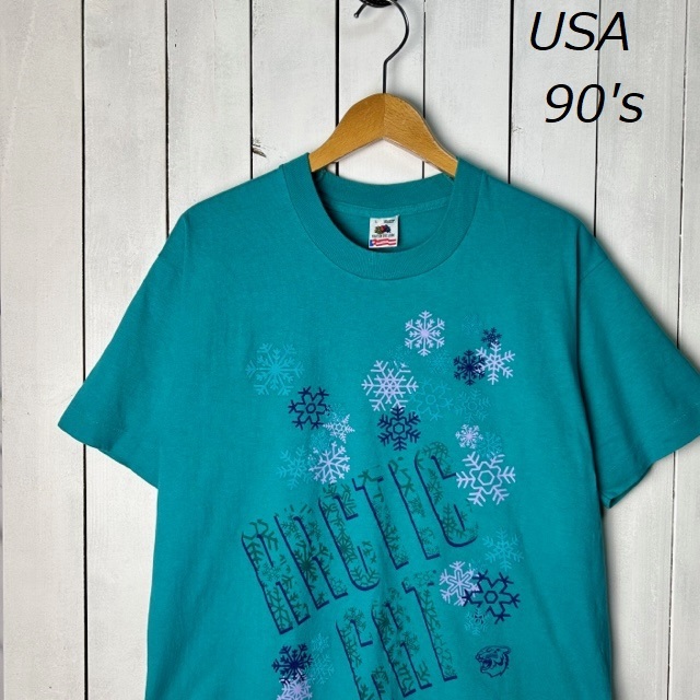 T●303 USA古着 90s USA製 雪の結晶 Tシャツ L 緑 オールド ヴィンテージ アメリカ古着 フルーツオブザルーム シングルステッチ
