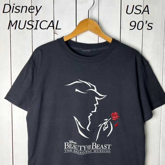 T●311 USA古着 90s～BEAUTY&THE BEAST 美女と野獣 Tシャツ L程度 黒 オールド ブロードウェイ ミュージカル  ヴィンテージ アメリカ Disney