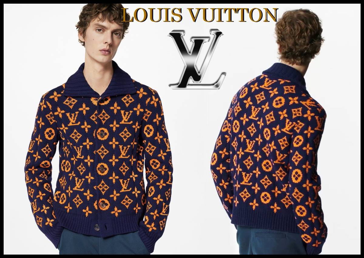 国内正規品 LOUIS VUITTON シグネチャーカーディガン ルイヴィトン ニット メンズ M ネイビー オレンジ レア 新品 ジャケット セーター_画像9