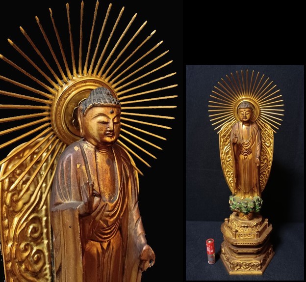 菩薩 仏像 厨子付き 木彫 骨董 金彩 阿弥陀如来立像 細密彫刻 仏教美術 江戸時代
