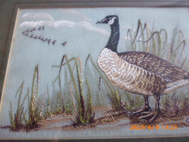 アンテイーク　ビンテージ　絹織物製の鳥　Canada Goose カナダカモ　英国製　額装の壁掛け_画像2